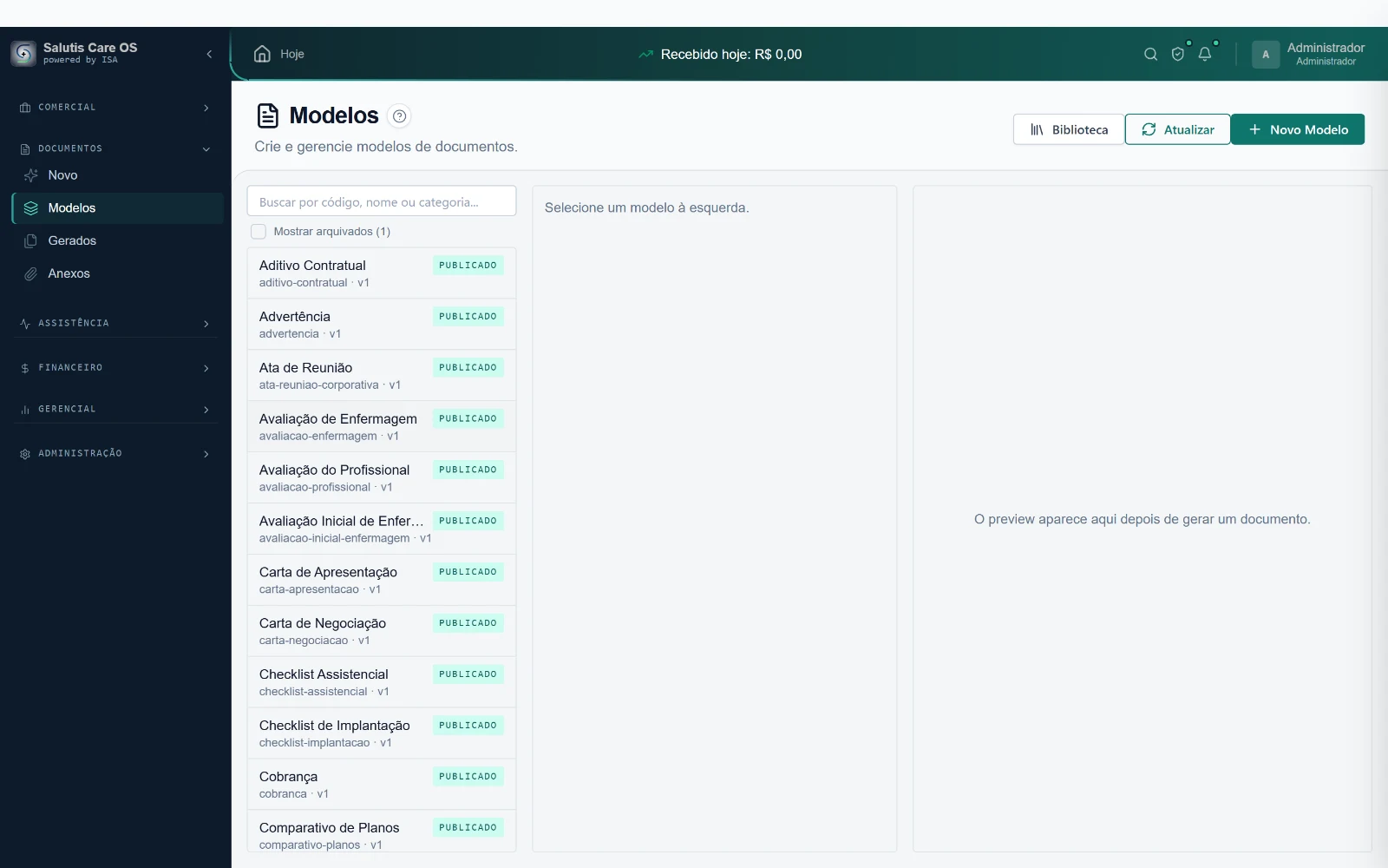 Tela de Modelos de documentos do Salutis Care OS, com a biblioteca de modelos publicados agrupados por categoria — contrato, plano assistencial — e a área de preview do documento gerado.